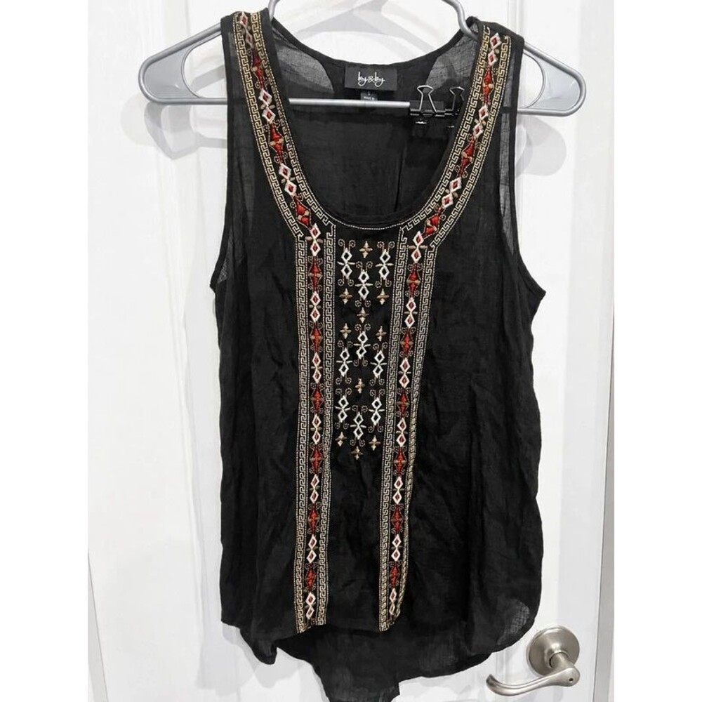 By & By Women’s Black Embroidered Sleeveless Boho Tank Top Size Small